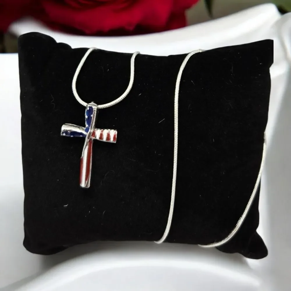 American Flag Cross Pendant Necklace Patriotic USA Stars Stripes Silver Chain 18